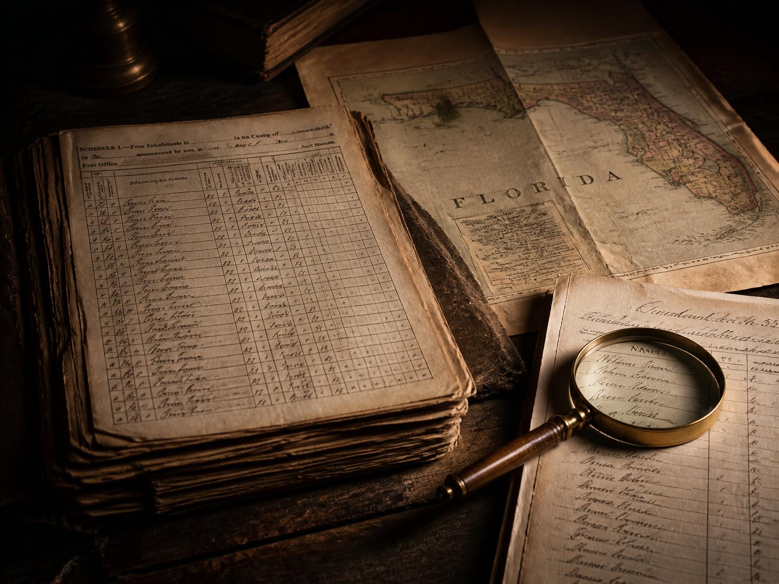 Aged U.S. census ledger pages, an historic Florida map and a magnifying glass on a dark archive table